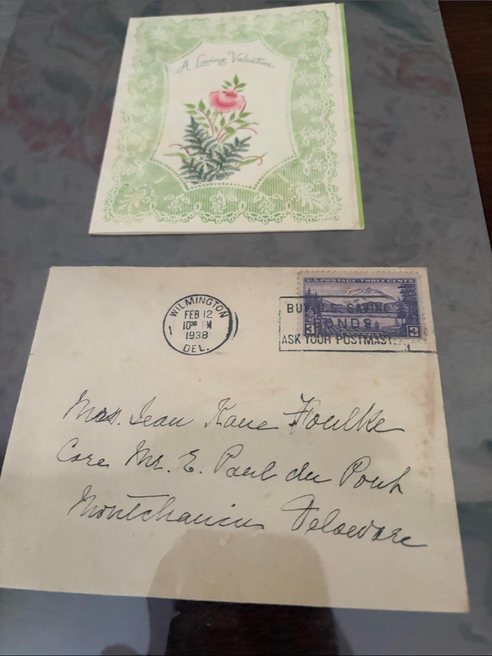 Vintage Green Floral Valentine Card & Stamped Envelope